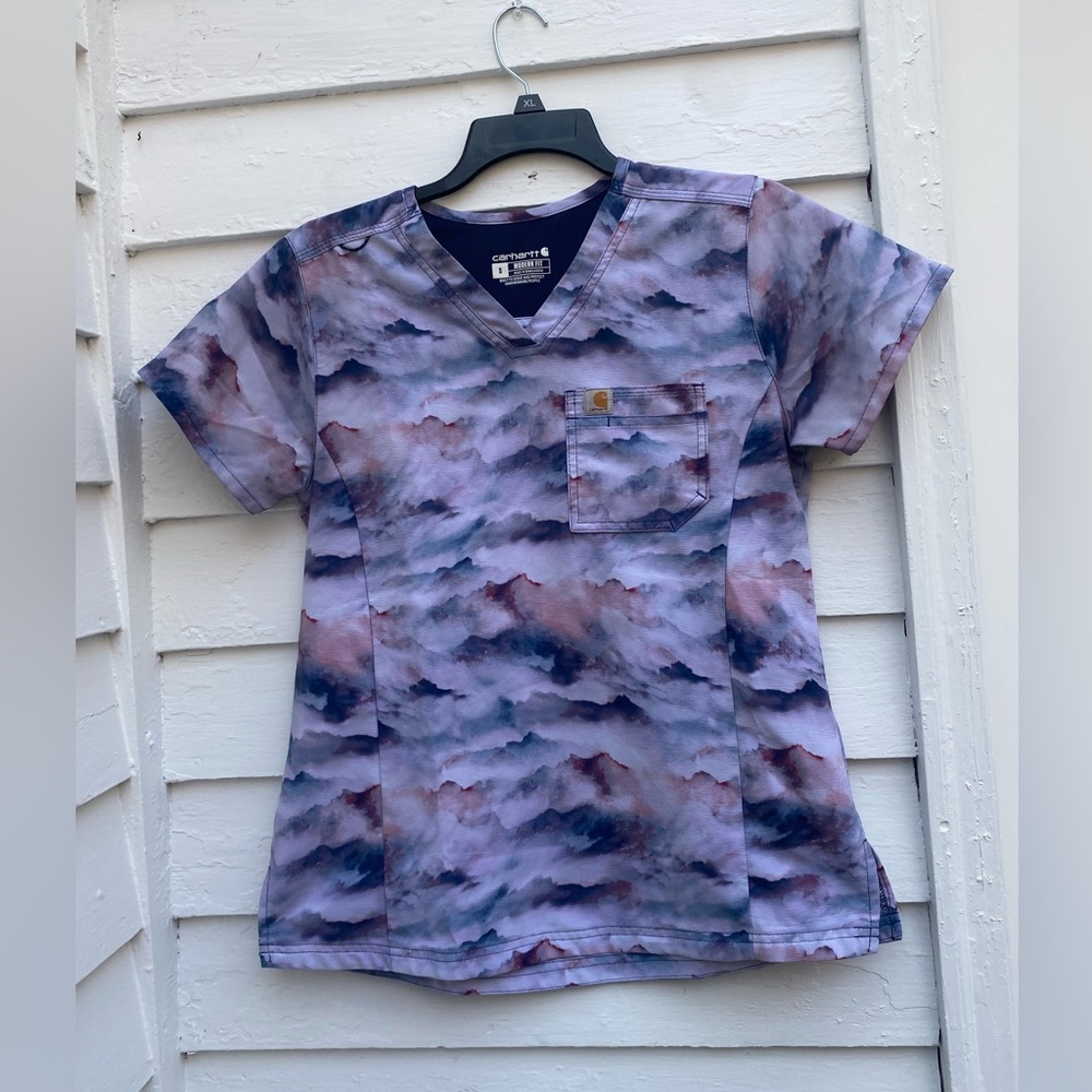 Carhartt Women's Purple and Blue Tie-Dye V-Neck Tee Scrubs Top